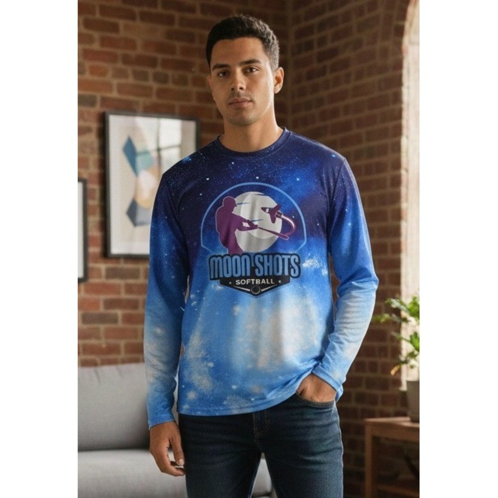Moon Shots Softball Long Sleeve Jersey Shirt Men's L Galaxy Space Print Adult